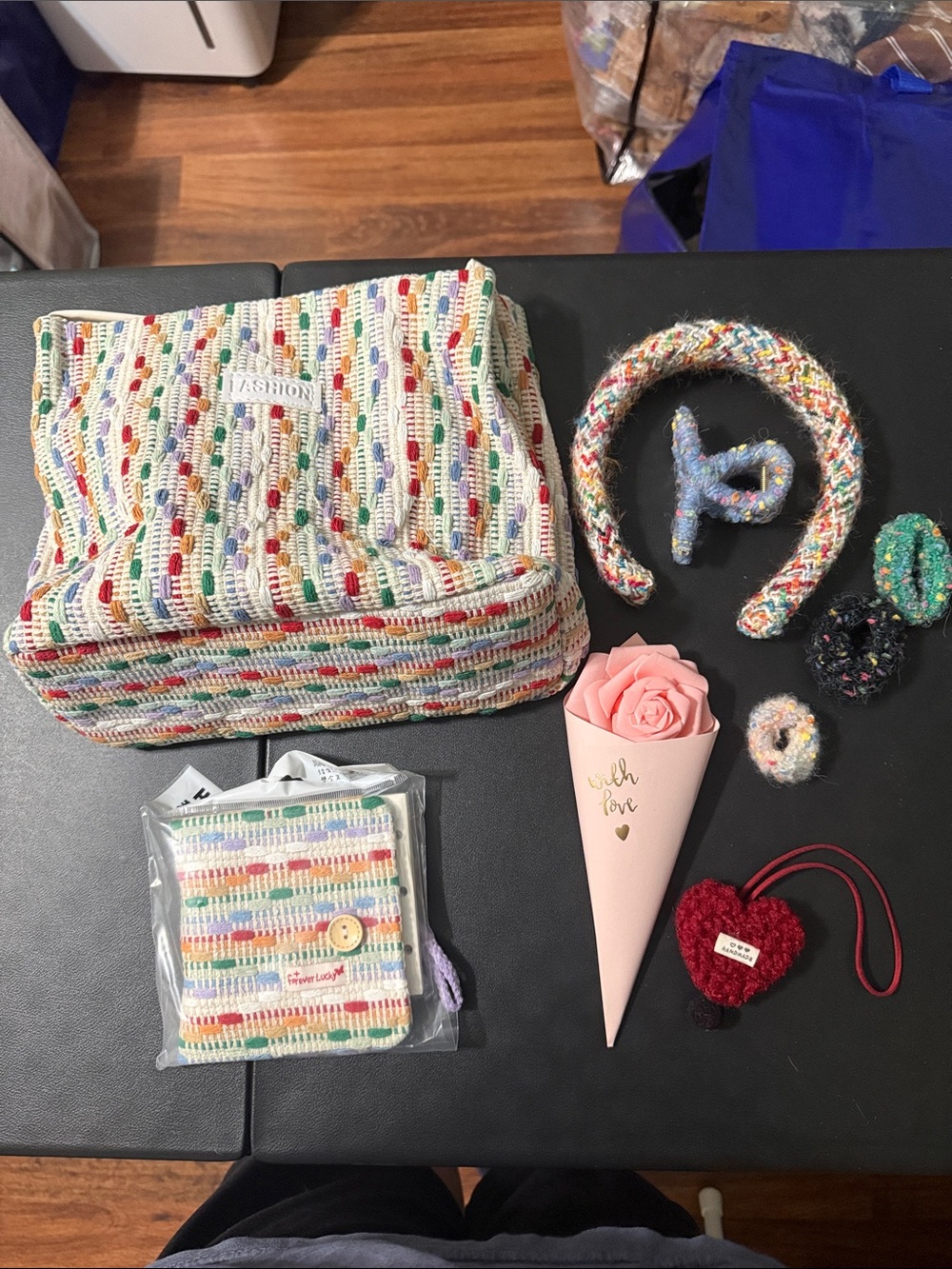 Multicolor Woven Cosmetic Bag with Matching Accessories